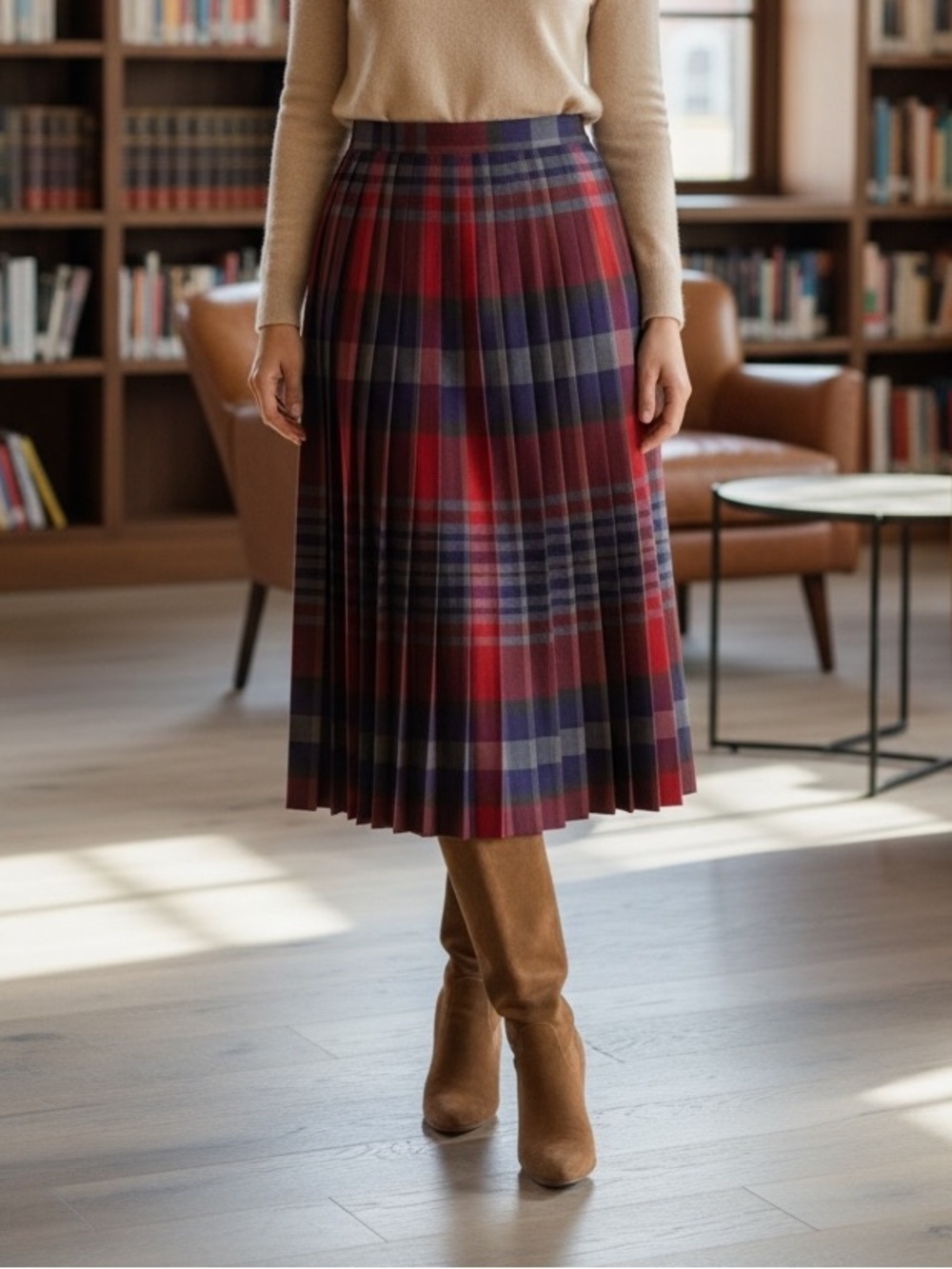 Vintage Wool Tartan Scottish Plaid Pleated Red and Purple Midi Skirt Sz S